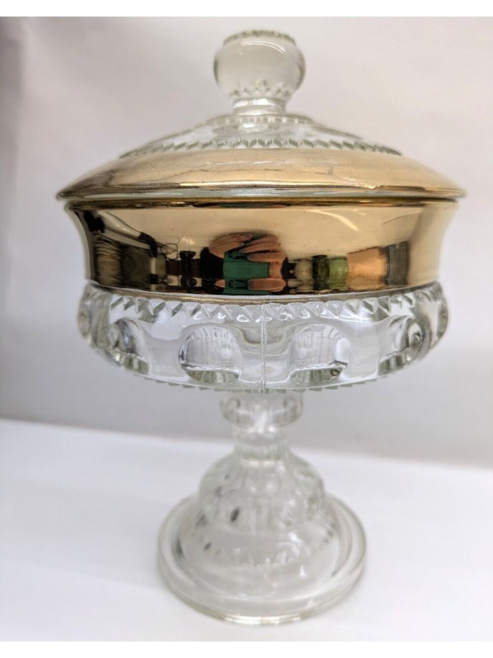 Indiana Glass Kings Crown Gold Rim Thumbprint Covered Candy Compote Vintage